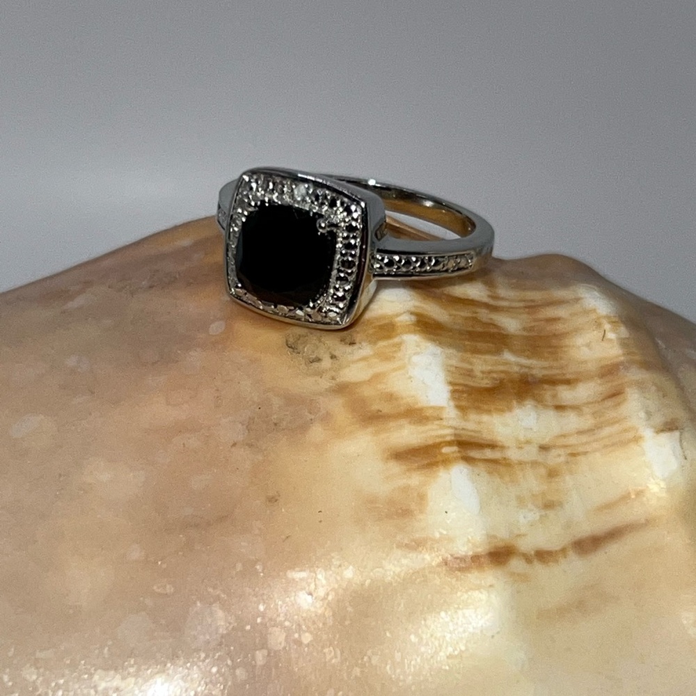 Faceted Black Spinel /White Diamond Ring Sterling 925 Size 10   5.6g Never Worn!